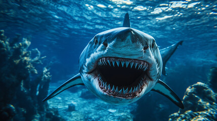 Shark swimming underwater with its mouth wide open, revealing sharp and terrifying teeth as it prepares to devour its prey.