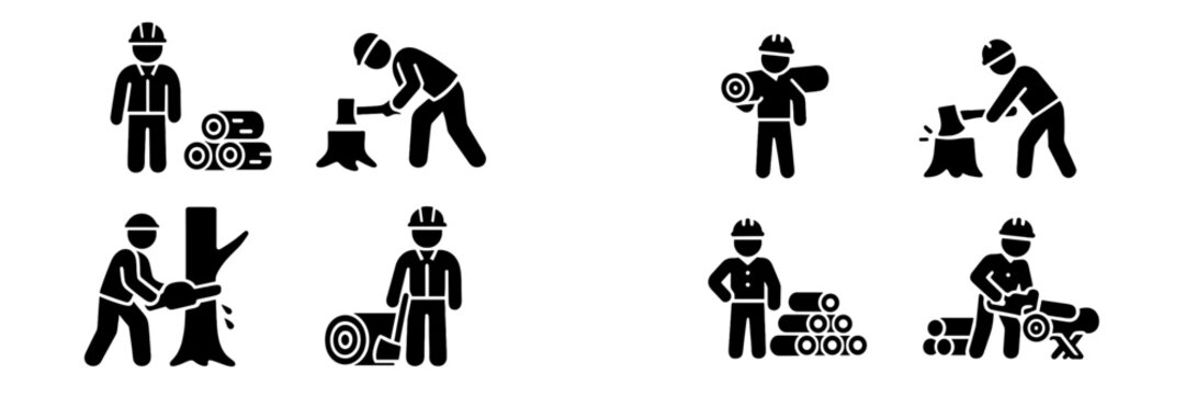 Lumberjack and logger glyph icons set showing woodcutter with axe and chainsaw cutting trees and logs for timber industry