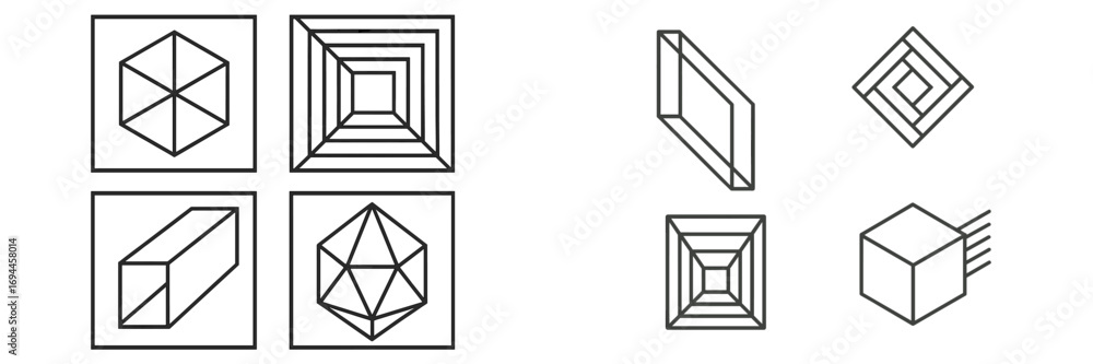 Poster abstract geometric shapes and linear icons featuring cubes, polyhedra, and perspective forms on a wh