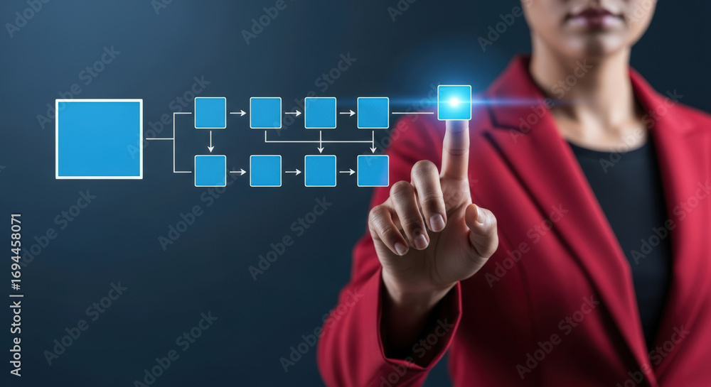 Poster businesswoman in red jacket interacting with digital flowchart hologram. concept of process manageme