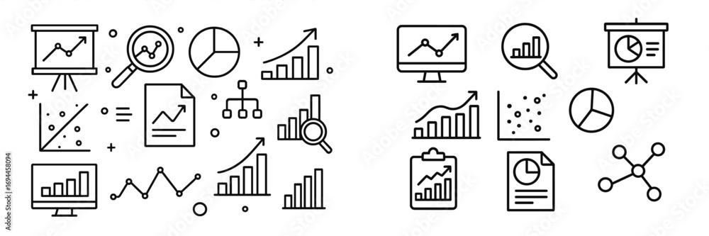 Poster data analysis and statistics line icon set with charts, graphs, and diagrams for business reports an