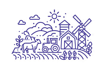 Minimalist line art drawing of a rural farm landscape with a barn, tractor, cow, and windmill under the sun