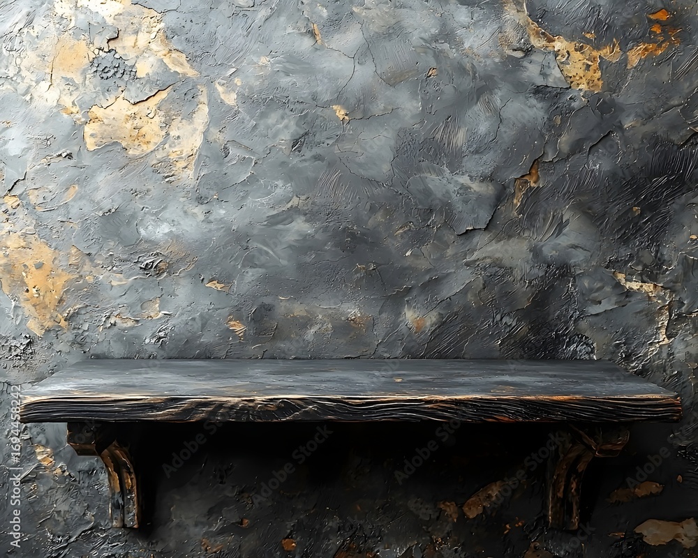 Poster an empty rustic dark wooden shelf is mounted against a textured weathered grey and gold wall providi
