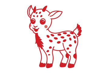 Smiling red and white spotted baby goat stands cheerfully on a bright white backdrop