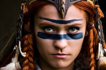 Fototapeta premium Portrait of a young woman with face paint and braided red hair wearing a headdress looking stern