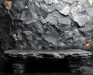 Minimalist stone bench against a dark textured rock wall backdrop