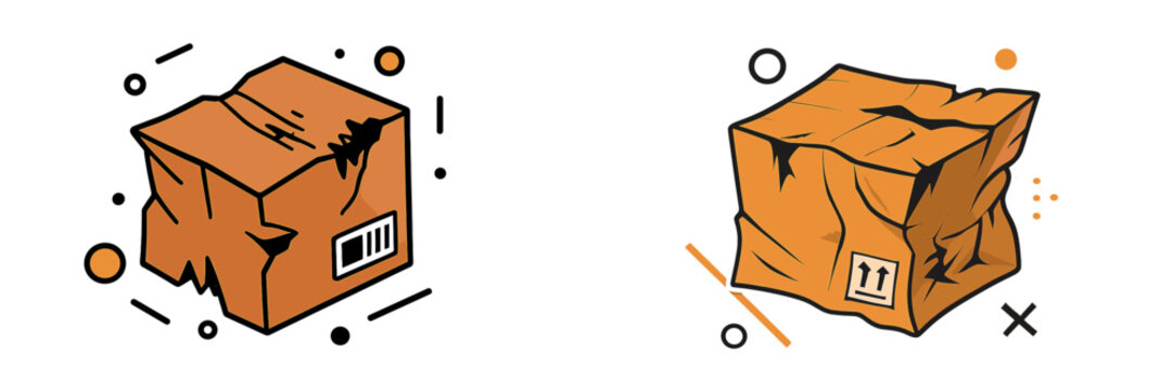 Damaged cardboard box icon set for shipping and delivery concepts showing crushed and broken packages with fragile handling symbols