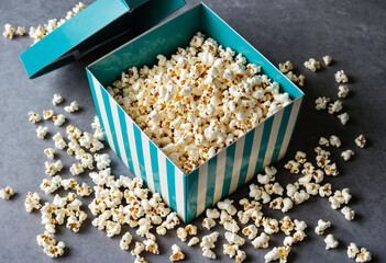 Photo Buttered Popcorn Overflowing From Steel teal Striped Box