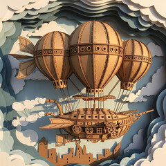 Steampunk Airship and Hot Air Balloons in a Paper Cut Art Style