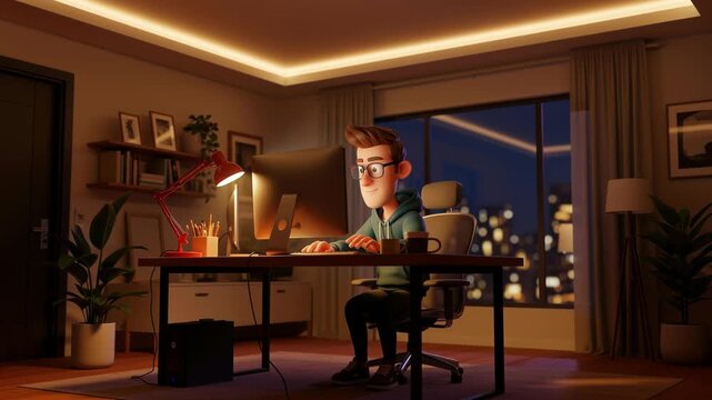 A cute cartoon male character is a programmer who is working at night in a modern interior and stretching with pleasure. 3D animation.