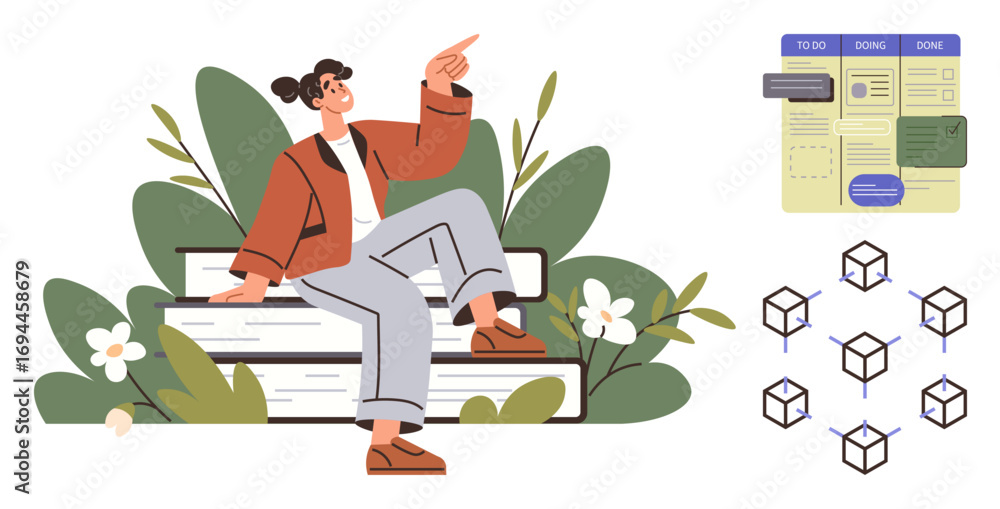 Aufkleber woman on stacked benches pointing upward, surrounded by plants additional elements include kanban-st
