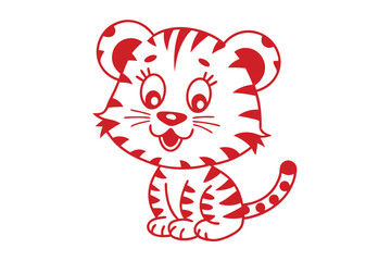Smiling red cartoon tiger sits sweetly with a spotted tail resting on the floor
