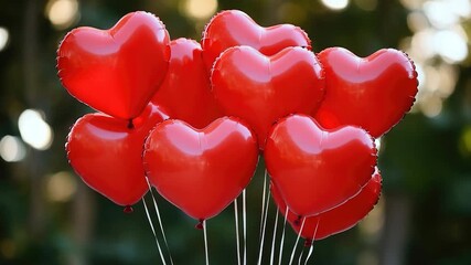 A bunch of red heart-shaped balloons floating in the air, perfect for romantic celebrations or Valentine's Day themes
