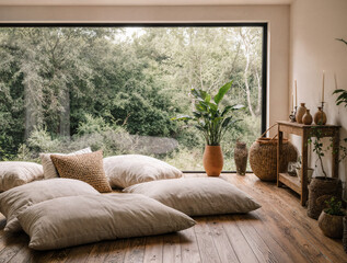 Natural bohemian lounge room with floor cushions, wooden textures, greenery, and panoramic window view