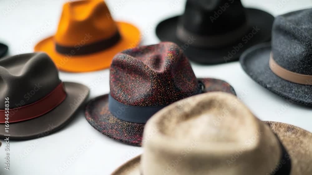 Poster a collection of hats arranged neatly on a table, perfect for showcasing different styles or themes