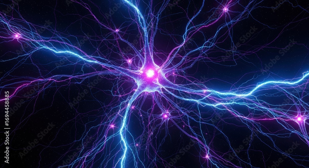 Poster a vibrant glowing network of interconnected structures with branching blue and purple energy lines s