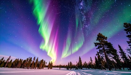 A vibrant aurora borealis display paints the night sky over a snowy forest landscape.