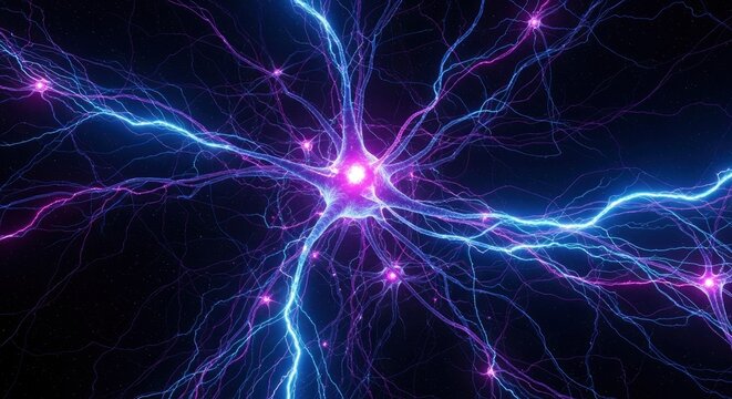 A vibrant glowing network of interconnected structures with branching blue and purple energy lines set against a dark speckled background