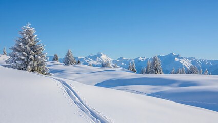 Fototapeta premium Winter wonderland pristine snow covered landscape with mountains and clear blue sky scenic view