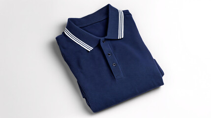 A navy short-sleeve polo shirt with ribbed details, showcasing classic casual wear.