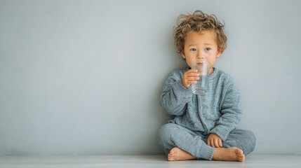 Fototapeta premium Child drinking fresh water from glass healthy hydration concept