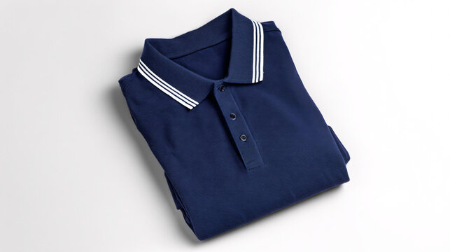 A navy short-sleeve polo shirt with ribbed details, showcasing classic casual wear.