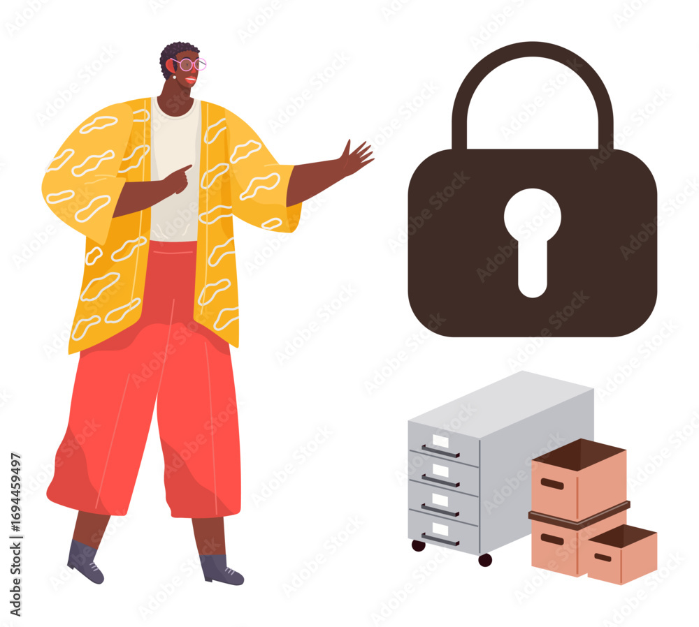Poster individual discussing secure data storage with lock, filing cabinet, and boxes. ideal for data priva