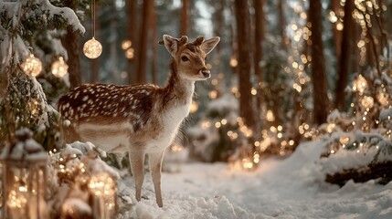 Obraz premium Deer in snowy forest path decorated with winter magic atmosphere