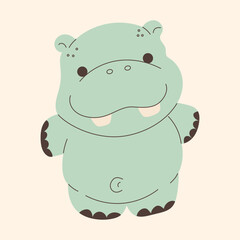 Cute Hippo Character in Simple Cartoon Style.