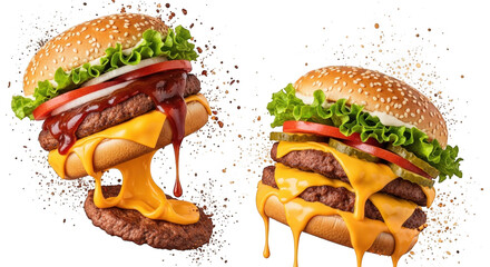 Indulge in Deliciousness Two Juicy Burgers with Dripping Cheese and Fresh Toppings on a Transparent Background for Food Photography and Culinary Creations