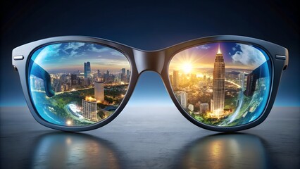 Closeup of eyeglasses reflecting a vibrant cityscape at sunset, symbolizing vision, perspective, and the urban environment
