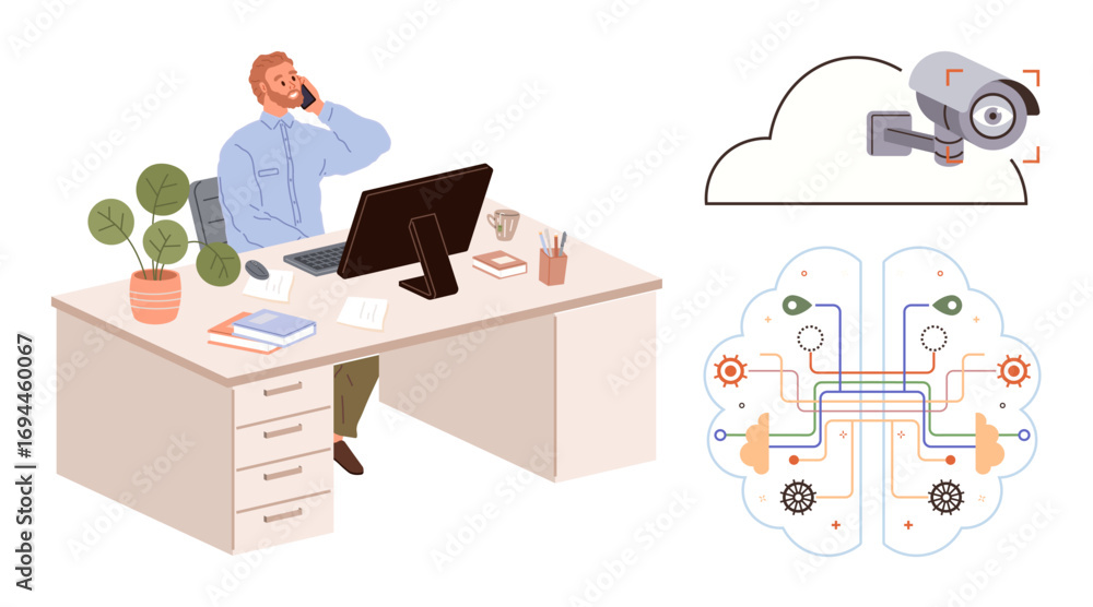 Poster office desk with computer, professional man on call, cybersecurity camera in cloud, and ai brain des