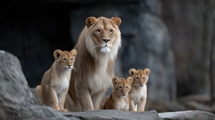 Obraz premium Captivating lion family includes an adult male, female, and two playful cubs displaying unity and grace under soft focus lighting