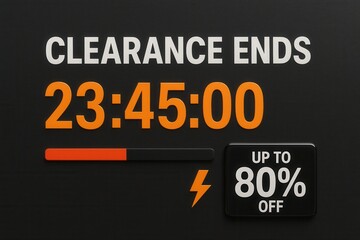 Fototapeta premium Clearance ends countdown with UP TO 80% OFF discount offer, bold lightning style, impactful retail clearance promo.