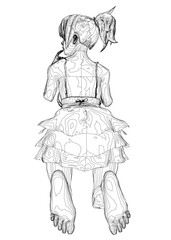 A cute girl in a dress with a ponytail, sketched in black and white contour lines against a white background.
