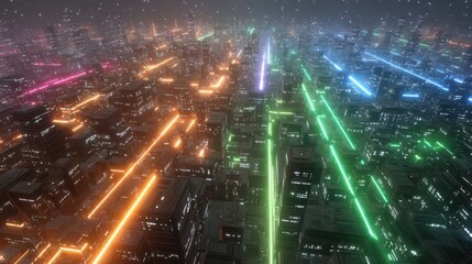 Surreal VR Dimension with Glowing Lines in a Futuristic Cityscape