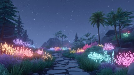 Surreal Psychedelic Virtual World with Vibrant Nighttime Landscape
