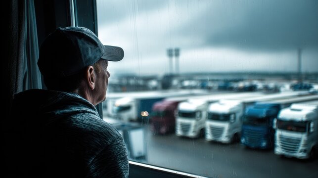 Fleet Manager. Trucking Company Manager Overlooking Fleet of Parked Trucks Amid Truck Driver Shortage