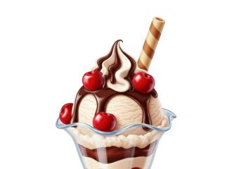 Indulge in Sweetness A Decadent Ice Cream Sundae with Chocolate Drizzle Cherries and Wafer Stick on a Transparent Backdrop Perfect for Dessert Lovers and Food Bloggers