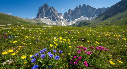 Obraz premium 鮮やか花畑 輝く高峰 夏空の下 広がる自然美. AI Generated