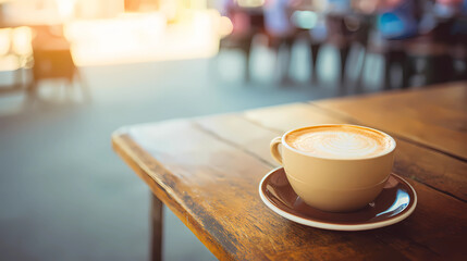 Steaming hot latte cup on an elegant cafe table, evoking a warm morning breakfast atmosphere.