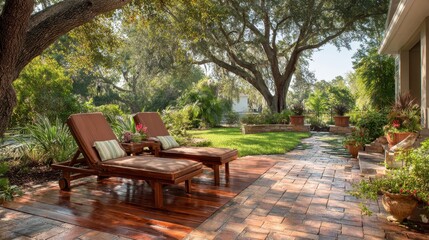 Obraz premium Florida Backyard Patio with Lounge Chairs and Decking Overlooking Stained Wooden Porch
