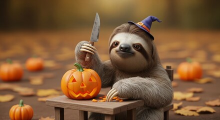 Halloween Sloth Carving Pumpkin. Cute sloth wearing witch hat carving a jack-o'-lantern with a knife.