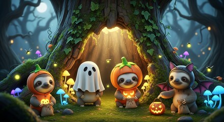 Halloween Sloths Trick or Treat. Group of sloths in costumes with pumpkins and glowing mushrooms in magical forest.