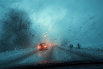 Fototapeta premium Fog Windshield. Abstract View of Car Windshield in Winter Fog on Country Road