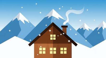 Winter House in Mountains. Brown house with glowing windows and smoke chimney under snowy peaks.