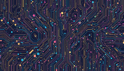 Abstract digital circuit board pattern with glowing lines and nodes, representing technology and data flow in a futuristic network