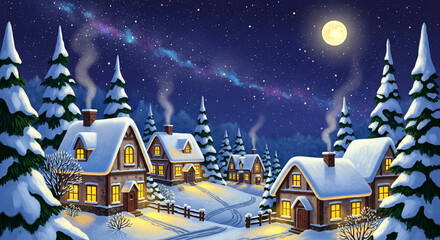 Snowy Christmas Village. Cozy houses with warm lights under a starry sky surrounded by snowy pine trees.