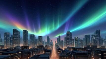 Dreamlike Psychedelic VR Cityscape with Northern Lights Effects