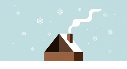 Minimalist Winter Cabin. Simple house with snow roof and chimney smoke in snowy landscape.